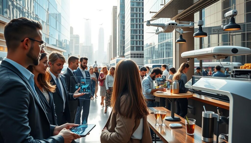 A bustling urban scene illustrating the applications of artificial intelligence in daily life. In the foreground, a diverse group of professionals, dressed in smart business attire, interact with holographic displays showcasing data analytics and virtual assistants. In the middle ground, a busy café features people using smartphones with AI-driven apps for ordering and recommendations, while a barista prepares drinks with automated machines. The background shows a smart cityscape with autonomous vehicles and drones managing deliveries against a bright skyline. Soft, natural lighting filters through the glass buildings, creating a vibrant and dynamic atmosphere. The image conveys innovation and the positive impact of AI on everyday activities. A bustling urban scene illustrating the applications of artificial intelligence in daily life. In the foreground, a diverse group of professionals, dressed in smart business attire, interact with holographic displays showcasing data analytics and virtual assistants. In the middle ground, a busy café features people using smartphones with AI-driven apps for ordering and recommendations, while a barista prepares drinks with automated machines. The background shows a smart cityscape with autonomous vehicles and drones managing deliveries against a bright skyline. Soft, natural lighting filters through the glass buildings, creating a vibrant and dynamic atmosphere. The image conveys innovation and the positive impact of AI on everyday activities.
