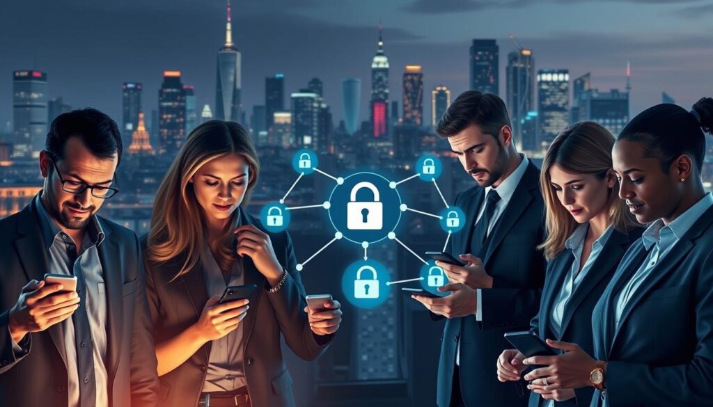 A conceptual illustration of the impact of connected devices and the Internet of Things on digital privacy. In the foreground, a diverse group of professionals in business attire, including men and women of various ethnicities, are interacting with various smart devices: smartphones, smartwatches, and smart home assistants. In the middle ground, a digital network of connected devices is displayed, with data streams and lock symbols visualizing the theme of privacy. In the background, a cityscape with glowing skyscrapers represents a modern, tech-driven world. Soft, ambient lighting highlights the devices, creating a sense of digital illumination. The mood is thought-provoking and slightly tense, suggesting the complexities of privacy in a connected world.