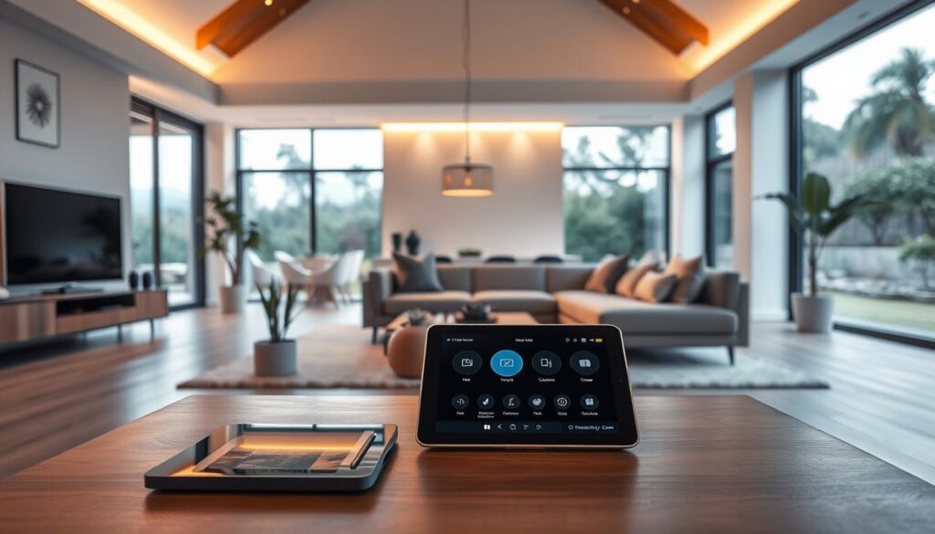 A contemporary smart home interior featuring an open-plan living area integrated with modern automation technology. In the foreground, a sleek coffee table with a tablet showcasing smart home controls. A comfortable sofa set with minimalist design and a few house plants. In the middle, an unobtrusive smart lighting system illuminates the space with warm, inviting tones, creating a cozy atmosphere. Large windows in the background allow natural light to flood in, revealing a landscaped garden. Soft shadows and highlights enhance the inviting mood. Capture the scene at a slightly elevated angle, as if viewed from a corner of the room, providing a comprehensive view of how automation seamlessly enhances everyday life.