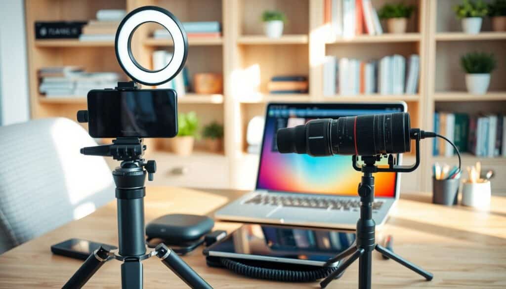 A cozy and modern workspace showcasing an array of cutting-edge content creator gadgets. In the foreground, a sleek smartphone tripod with a ring light, a DSLR camera with a wide-angle lens, and a compact microphone stand. In the middle, a vibrant laptop with editing software open, surrounded by a tablet and stylus for graphic design. The background features soft focus shelves filled with books and small potted plants, providing a touch of greenery. Warm, natural lighting enhances the inviting atmosphere, casting gentle shadows. Emphasize a professional vibe with organized tools, inspiring creativity and productivity.