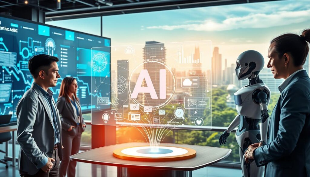 A dynamic representation of generative AI advancements, showcasing futuristic technology and its implications in the workplace. In the foreground, a diverse group of professionals in smart business attire collaborate around a holographic display illustrating AI algorithms and creative outputs. In the middle ground, sleek, modern office spaces with large screens exhibit flowing data visuals, while AI-powered robots assist with various tasks. In the background, futuristic cityscapes with high-tech architecture and greenery, symbolizing a harmonious integration of technology and nature. Soft, ambient lighting creates an optimistic atmosphere, captured from a slightly elevated angle to encapsulate the collaborative spirit and innovation. A dynamic representation of generative AI advancements, showcasing futuristic technology and its implications in the workplace. In the foreground, a diverse group of professionals in smart business attire collaborate around a holographic display illustrating AI algorithms and creative outputs. In the middle ground, sleek, modern office spaces with large screens exhibit flowing data visuals, while AI-powered robots assist with various tasks. In the background, futuristic cityscapes with high-tech architecture and greenery, symbolizing a harmonious integration of technology and nature. Soft, ambient lighting creates an optimistic atmosphere, captured from a slightly elevated angle to encapsulate the collaborative spirit and innovation.