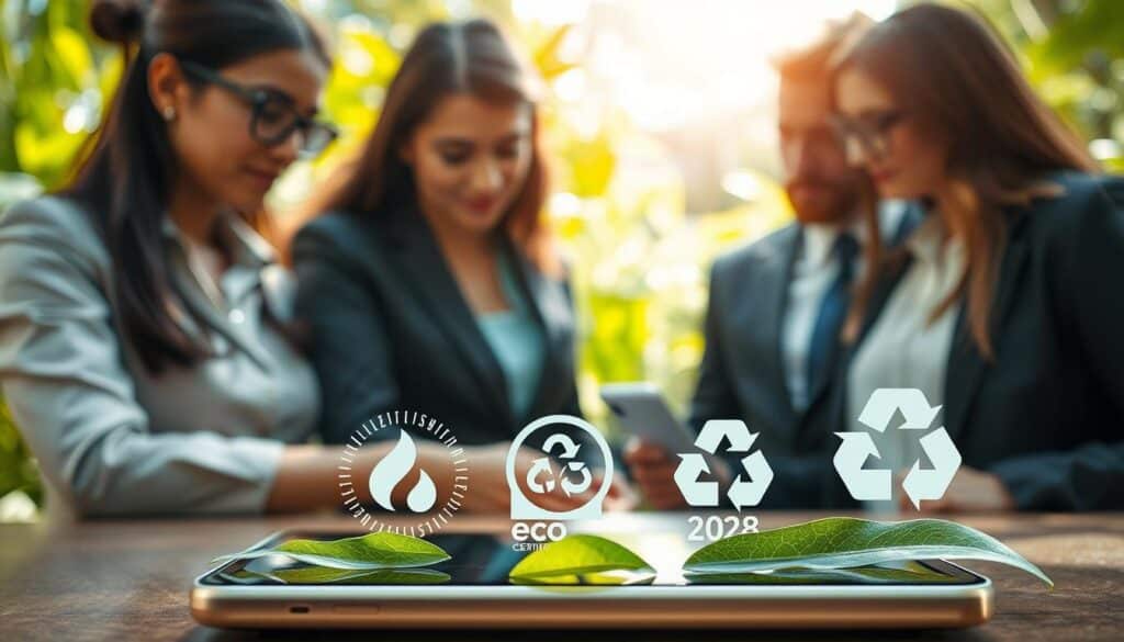 A dynamic, visually appealing composition showcasing sustainable technology and product certifications. In the foreground, a modern gadget—like a smartphone or tablet—displays eco-certification logos, elegantly placed amidst green leaves and recycling symbols. In the middle ground, a soft-focus on a diverse group of professionals in business attire examining the gadget, their expressions reflecting curiosity and appreciation for sustainability. The background features a bright, sunlit environment with greenery, symbolizing eco-friendliness. Use natural lighting to create a warm, inviting atmosphere, with a slight depth of field to focus on the gadget and professionals. The overall mood is progressive and optimistic, highlighting the importance of sustainability in technology.