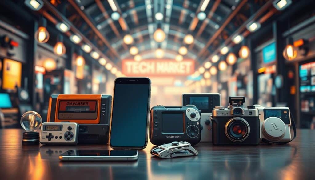 A futuristic and visually captivating collage showcasing the evolution of compact gadgets over time. In the foreground, display a sleek modern smartphone and a versatile multi-tool gadget, portraying cutting-edge technology. In the middle ground, include iconic gadgets from different eras, such as an early portable cassette player, a portable gaming console, and a compact digital camera, arranged in a dynamic fashion. The background features an abstract representation of a tech market, filled with electric light bulbs and digital screens that convey an innovative atmosphere. Use soft, ambient lighting to create a warm yet high-tech feel, with a slight lens blur to emphasize the foreground gadgets. Incorporate a color palette of blues and silvers, suggesting a modern and forward-thinking vibe.