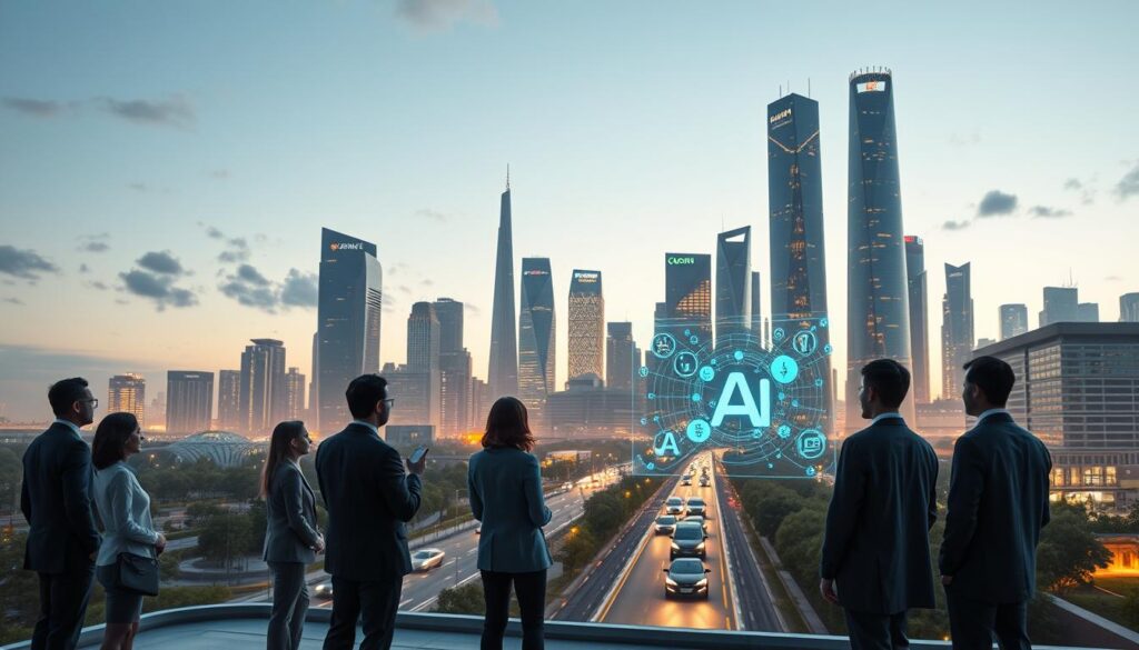 A futuristic city skyline at dusk, showcasing advanced technology and architecture symbolizing the future of artificial intelligence. In the foreground, a diverse group of professionals in business attire are engaged in animated discussions around a holographic display, illustrating AI concepts and innovations. In the middle ground, sleek autonomous vehicles navigate smart streets lined with greenery and smart buildings, embedded with AI systems. The background features towering skyscrapers with dynamic digital facades, casting a warm glow that illuminates the scene. Soft, ambient lighting captures a sense of optimism and collaboration, while clouds of data points float through the air, emphasizing the interconnectedness of technology and humanity. The angle is a slightly elevated perspective, offering depth and an expansive view of this visionary landscape. A futuristic city skyline at dusk, showcasing advanced technology and architecture symbolizing the future of artificial intelligence. In the foreground, a diverse group of professionals in business attire are engaged in animated discussions around a holographic display, illustrating AI concepts and innovations. In the middle ground, sleek autonomous vehicles navigate smart streets lined with greenery and smart buildings, embedded with AI systems. The background features towering skyscrapers with dynamic digital facades, casting a warm glow that illuminates the scene. Soft, ambient lighting captures a sense of optimism and collaboration, while clouds of data points float through the air, emphasizing the interconnectedness of technology and humanity. The angle is a slightly elevated perspective, offering depth and an expansive view of this visionary landscape.