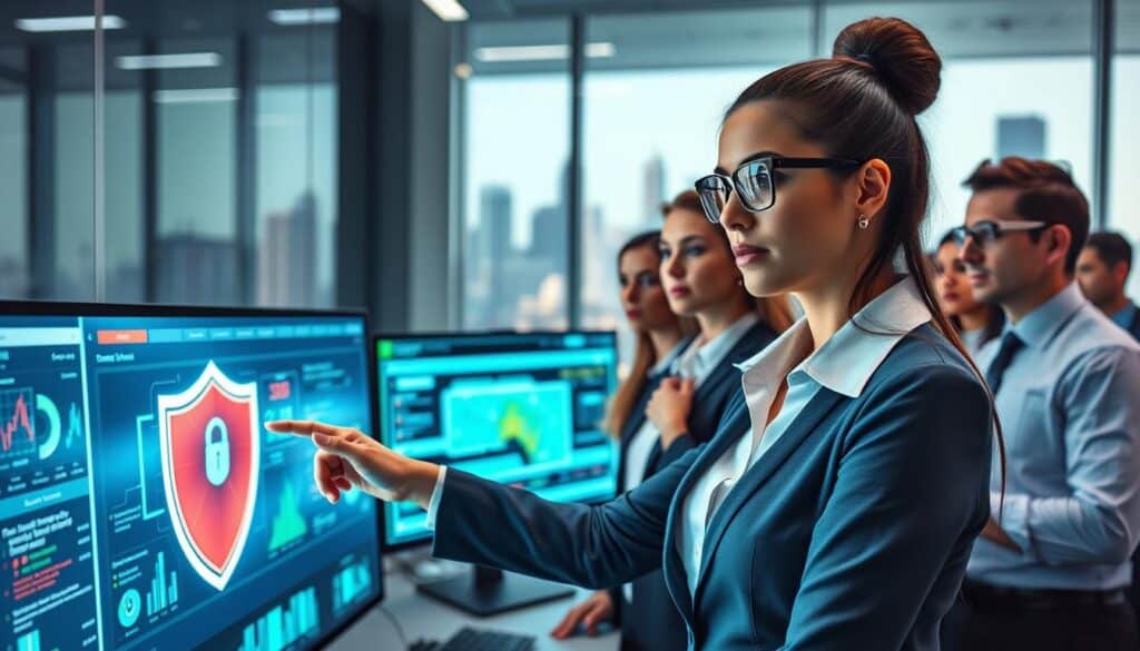 A futuristic cybersecurity command center, with a diverse team of professionals in business attire, focused on multiple screens displaying data flows, security metrics, and threat alerts. In the foreground, a female cybersecurity analyst points at a holographic interface displaying a shield symbolizing data protection. The middle ground features large monitors that showcase visualizations of network security and resilience strategies, illuminated by a cool blue and green glow. The background contains a city skyline visible through glass walls, symbolizing the interconnected digital world. The atmosphere is intense yet collaborative, conveying a sense of urgency and determination in maintaining data security against cyber threats. Soft, natural lighting highlights the team’s focused expressions while emphasizing the high-tech environment.