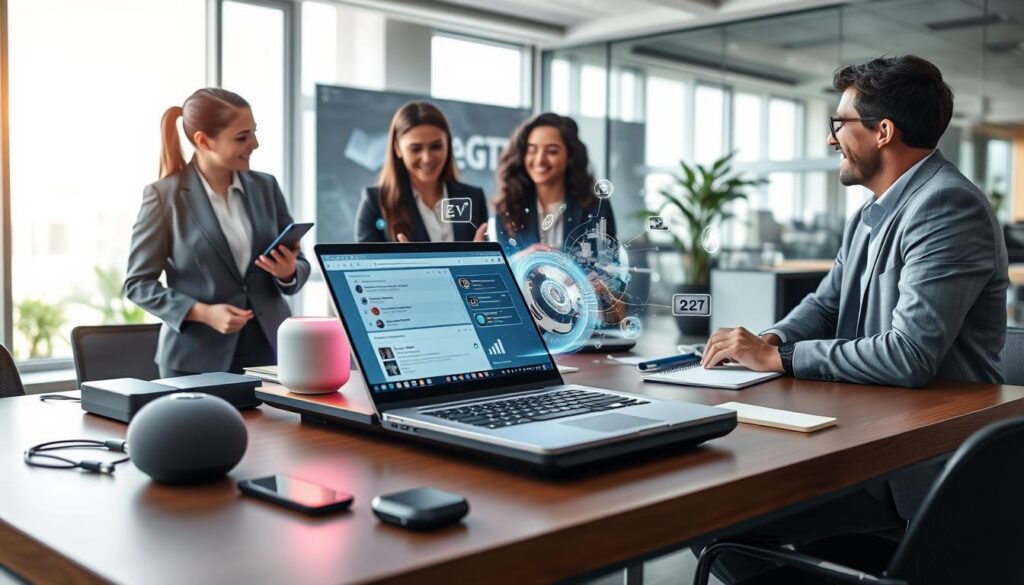 A futuristic workspace featuring a sleek desk with a high-tech laptop displaying the ChatGPT interface, surrounded by various innovative tools like a smart speaker, digital notebook, and AI-powered gadgets. In the foreground, a diverse group of professionals in business attire—two women and a man—engaged in a collaborative discussion, showcasing enthusiasm and curiosity. The middle ground captures vibrant holographic projections of data and ideas emerging from the laptop, symbolizing creativity and innovation. The background presents a modern office environment with large windows allowing natural light to flood in, creating a bright and inspiring atmosphere. The overall mood is dynamic and forward-thinking, emphasizing the synergy between humans and AI technologies. Use a wide-angle lens to capture the depth and energy of the scene.