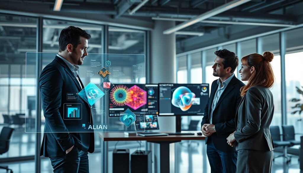 A futuristic workspace showcasing generative AI applications. In the foreground, a diverse group of three professionals, two men and one woman, dressed in smart business attire, collaborate over a holographic interface displaying vibrant, colorful graphics representing various AI-generated designs and concepts. In the middle, a sleek computer station with multiple screens showcases digital art, music compositions, and interactive simulations. The background features a modern office environment with large windows, allowing soft, natural light to flood in, creating a bright atmosphere. Subtle shadows add depth to the scene, while a warm color palette emphasizes innovation and creativity, encapsulating the theme of generative AI's practical applications.