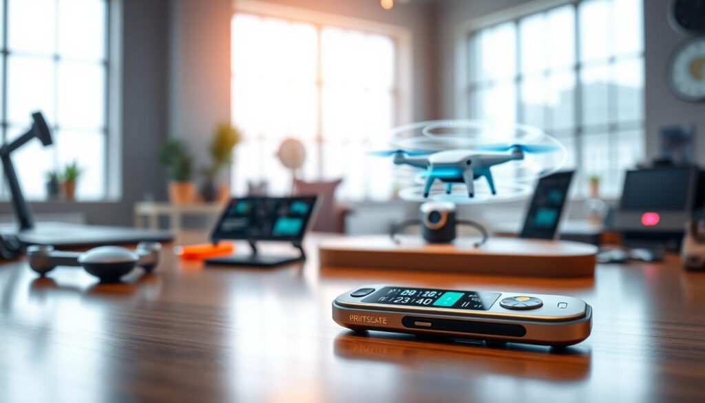 A futuristic workspace showcasing innovative gadgets, with sleek designs and vibrant colors. In the foreground, a compact multi-tool gadget with a digital screen and interactive displays lies on a polished wooden desk, reflecting modern technology. In the middle ground, a smart device resembling a small tablet projects holographic interfaces, surrounded by other advanced gadgets like a mini-drone and a wireless charger. The background is blurred to emphasize depth, filled with soft, ambient lighting that highlights the creative atmosphere. The room features large windows, allowing natural light to pour in, combining a sense of elevation and optimism for a technological future. The mood is inspiring and forward-thinking, capturing the essence of exploring gadgets that can solve everyday problems. A futuristic workspace showcasing innovative gadgets, with sleek designs and vibrant colors. In the foreground, a compact multi-tool gadget with a digital screen and interactive displays lies on a polished wooden desk, reflecting modern technology. In the middle ground, a smart device resembling a small tablet projects holographic interfaces, surrounded by other advanced gadgets like a mini-drone and a wireless charger. The background is blurred to emphasize depth, filled with soft, ambient lighting that highlights the creative atmosphere. The room features large windows, allowing natural light to pour in, combining a sense of elevation and optimism for a technological future. The mood is inspiring and forward-thinking, capturing the essence of exploring gadgets that can solve everyday problems.