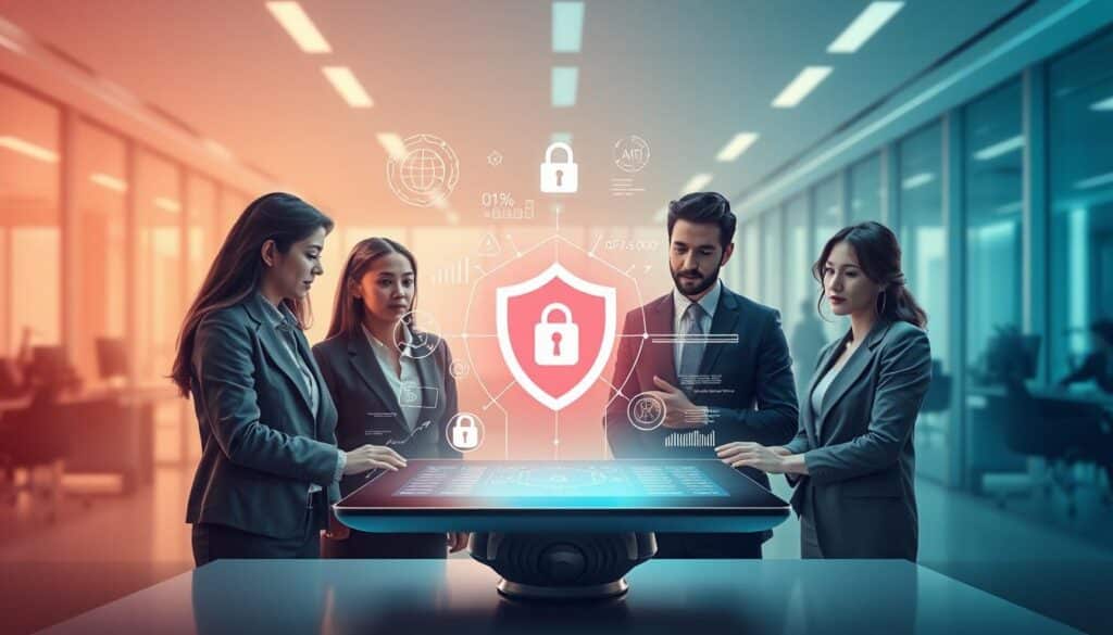 A highly detailed and visually appealing illustration showcasing best practices in cybersecurity. In the foreground, a diverse group of professionals, dressed in business attire, are engaged in a collaborative discussion around a sleek digital device displaying security data. The middle layer features graphical elements like shield icons, digital locks, and lines of code to emphasize security concepts. The background displays a modern, high-tech office environment with soft, diffused lighting, creating a sense of innovation and focus. The mood is serious yet hopeful, conveying the importance of safeguarding online information. The angles are slightly tilted and dynamic, enhancing the visual interest without overcrowding the composition. No text or logos are included, ensuring a clean presentation. A highly detailed and visually appealing illustration showcasing best practices in cybersecurity. In the foreground, a diverse group of professionals, dressed in business attire, are engaged in a collaborative discussion around a sleek digital device displaying security data. The middle layer features graphical elements like shield icons, digital locks, and lines of code to emphasize security concepts. The background displays a modern, high-tech office environment with soft, diffused lighting, creating a sense of innovation and focus. The mood is serious yet hopeful, conveying the importance of safeguarding online information. The angles are slightly tilted and dynamic, enhancing the visual interest without overcrowding the composition. No text or logos are included, ensuring a clean presentation.