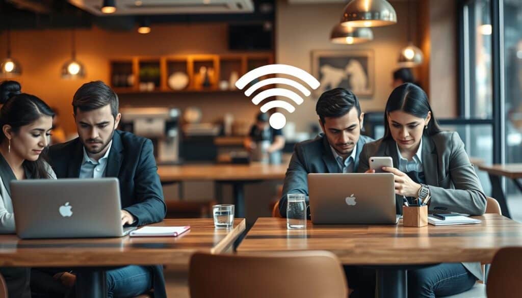 A modern coffee shop interior with a cozy atmosphere, featuring wooden tables and soft lighting. In the foreground, a diverse group of four people, dressed in professional business attire, are focused on their laptops. One person is using a tablet, while another is checking a smartphone with a security app open. In the middle, a visible public Wi-Fi symbol is subtly placed on a nearby wall, symbolizing the topic of Wi-Fi security. The background shows a barista preparing coffee, creating a warm, inviting mood. Soft bokeh lighting illuminates the scene, suggesting a sense of urgency and caution in the air. The overall atmosphere conveys a blend of productivity and awareness about the importance of online safety in public spaces. A modern coffee shop interior with a cozy atmosphere, featuring wooden tables and soft lighting. In the foreground, a diverse group of four people, dressed in professional business attire, are focused on their laptops. One person is using a tablet, while another is checking a smartphone with a security app open. In the middle, a visible public Wi-Fi symbol is subtly placed on a nearby wall, symbolizing the topic of Wi-Fi security. The background shows a barista preparing coffee, creating a warm, inviting mood. Soft bokeh lighting illuminates the scene, suggesting a sense of urgency and caution in the air. The overall atmosphere conveys a blend of productivity and awareness about the importance of online safety in public spaces.