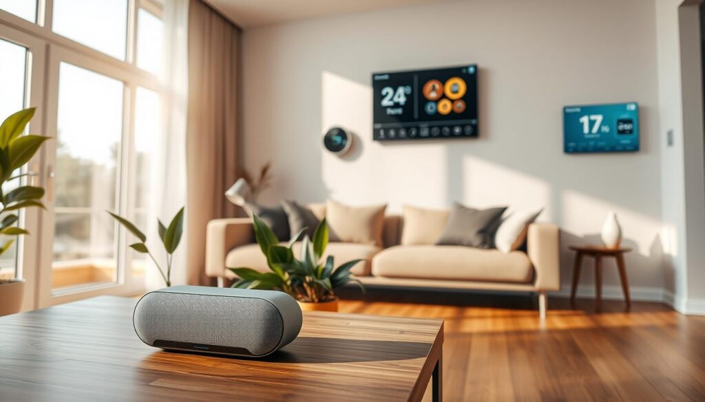 A modern living room featuring the "Combo Casa Inteligente EKAZA," showcasing various home automation devices seamlessly integrated into the decor. In the foreground, a sleek smart speaker with a touch interface sits on a stylish coffee table, surrounded by elegant houseplants. The middle ground includes a smart thermostat mounted on a minimalistic wall, while a digital control panel displays icons for lighting and security systems. The background reveals large windows allowing natural light to pour in, casting soft shadows across the wooden flooring. The atmosphere is warm and inviting, suggesting a high-tech yet cozy home environment. The scene is captured with a wide-angle lens at a slight angle, emphasizing the modern design and functionality of the smart home setup.