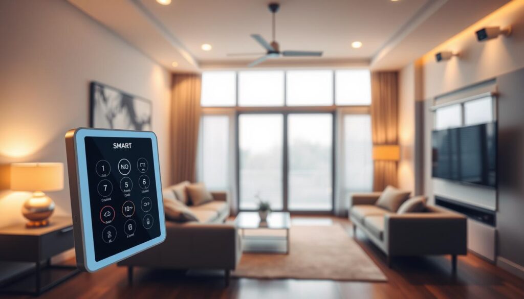 A modern living room showcasing advanced home automation for lighting and security. In the foreground, a sleek smart control panel is illuminated, displaying touch controls for light settings and security features. The middle ground features a cozy seating area with a contemporary sofa and a coffee table, where soft, ambient lighting creates a warm atmosphere. In the background, large windows reveal automated blinds partially drawn, allowing for natural light to filter in. Subtle security cameras are integrated into the room's design, blending seamlessly with the decor. The overall mood is serene yet secure, emphasizing the seamless integration of technology in a stylish home environment, captured with warm lighting and a wide-angle lens to convey depth and comfort.