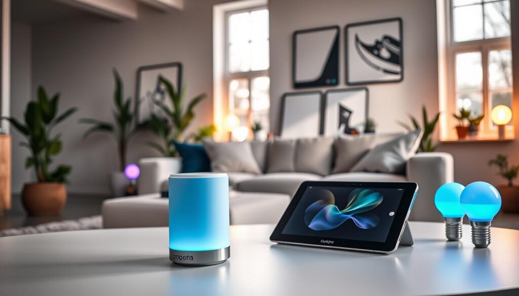 A modern living room showcasing innovative home gadgets designed to enhance daily life. In the foreground, a sleek, futuristic smart speaker and a stylish tablet stand on a minimalist coffee table. The middle ground features a plush sofa with integrated charging ports, alongside smart light bulbs in various colors illuminating the space. In the background, large windows allow natural light to flood in, creating a warm and welcoming atmosphere. The room is decorated with potted plants and contemporary art pieces, evoking a sense of comfort and technology. The lighting is soft, highlighting the gadgets’ sleek designs. The mood is inspiring and forward-thinking, illustrating the harmony of technology and everyday living. A modern living room showcasing innovative home gadgets designed to enhance daily life. In the foreground, a sleek, futuristic smart speaker and a stylish tablet stand on a minimalist coffee table. The middle ground features a plush sofa with integrated charging ports, alongside smart light bulbs in various colors illuminating the space. In the background, large windows allow natural light to flood in, creating a warm and welcoming atmosphere. The room is decorated with potted plants and contemporary art pieces, evoking a sense of comfort and technology. The lighting is soft, highlighting the gadgets’ sleek designs. The mood is inspiring and forward-thinking, illustrating the harmony of technology and everyday living.