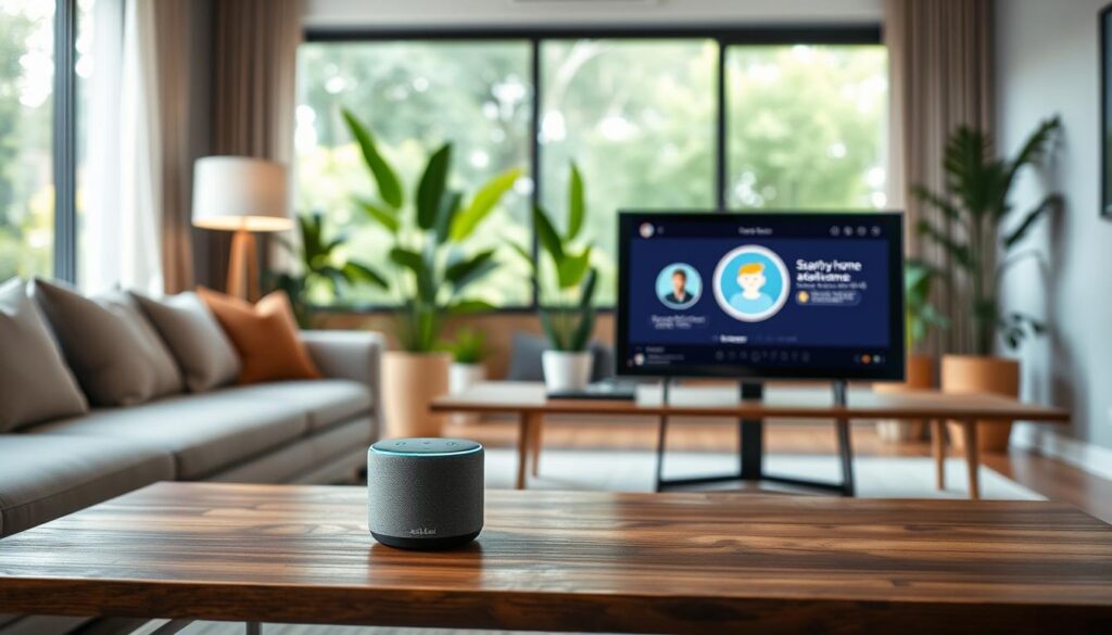 A modern living room showcasing smart home devices integrated with voice assistants like Alexa and Google Assistant. In the foreground, a sleek smart speaker sits on a minimalist coffee table, with soft, ambient lighting highlighting its design. In the middle, a stylish smart display shows a friendly interface with a virtual assistant’s visual representation, blending seamlessly with contemporary furniture. In the background, large windows reveal a bright, inviting space filled with greenery, providing a sense of harmony between technology and nature. The atmosphere is warm and welcoming, giving an impression of a high-tech yet comfortable home. The scene is captured in soft focus with natural lighting, emphasizing the devices' smooth contours and functionality, perfect for illustrating smart living.