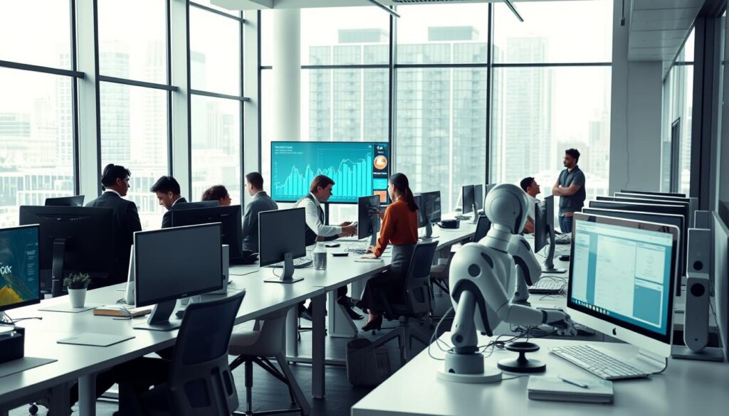 A modern office environment showcasing automation of processes. In the foreground, a diverse group of professionals in business attire work collaboratively at sleek, minimalist desks integrated with advanced technology like AI-driven monitors and robotic assistants. In the middle ground, transparent screens display dynamic graphs and data analytics while a digital assistant organizes files. The background features large windows with natural light pouring in, offering a glimpse of a bustling cityscape. Soft, diffused lighting creates a focused yet inviting atmosphere. The perspective is slightly elevated, capturing the innovative energy of teamwork and efficiency, conveying a sense of progress and productivity in the workplace.