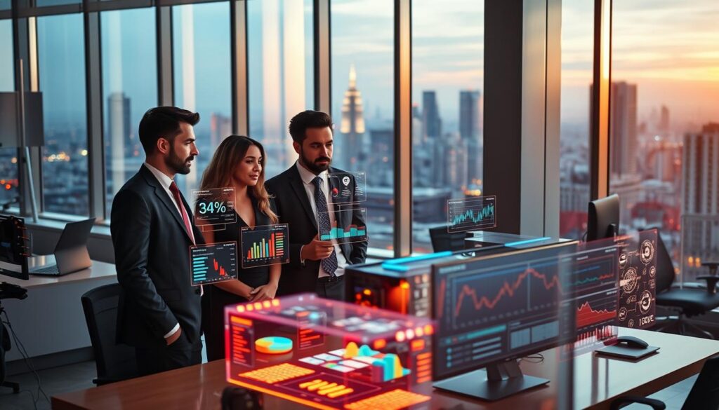 A modern office setting showcasing data analysis through AI. In the foreground, a diverse group of three professionals dressed in smart business attire, focused on multiple holographic data displays with vibrant graphs and statistics. The middle layer features a sleek, high-tech computer workstation with glowing data streams and AI visualization tools. In the background, large windows reveal a city skyline bathed in warm natural light, creating an inspiring atmosphere. The entire scene is illuminated with soft, focused lighting to emphasize the technology and the excitement of discovery. Capture this moment from a slightly elevated angle to highlight the collaborative environment of innovation and productivity.