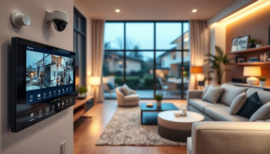 A modern smart home interior, featuring advanced security features like sleek, discreet security cameras and motion sensors integrated seamlessly into the walls. In the foreground, show a high-tech security panel displaying live surveillance feeds. The middle ground includes stylish furniture combined with smart devices like automated lighting and a digital assistant, creating a cozy atmosphere. The background features large windows showcasing a well-lit exterior, with soft evening light filtering in. Use warm, natural lighting to enhance the inviting feel of the space, taken from a slightly elevated angle to capture the encompassing environment. The mood should convey safety and innovation, highlighting the interconnectedness of technology and home security in contemporary living.