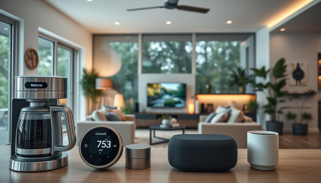 A modern smart home interior featuring various connected devices. In the foreground, a sleek coffee maker and smart thermostat display a digital interface. The middle layer includes a cozy living room with smart lighting, a connected television streaming digital content, and smart speakers integrated into stylish decor. In the background, large windows showcase a well-lit garden, suggesting harmony between indoor and outdoor spaces. Soft, natural lighting enhances the welcoming atmosphere, while a wide-angle view captures the spacious layout. The mood is contemporary and inviting, reflecting a blend of technology and comfort for a smart living experience.
