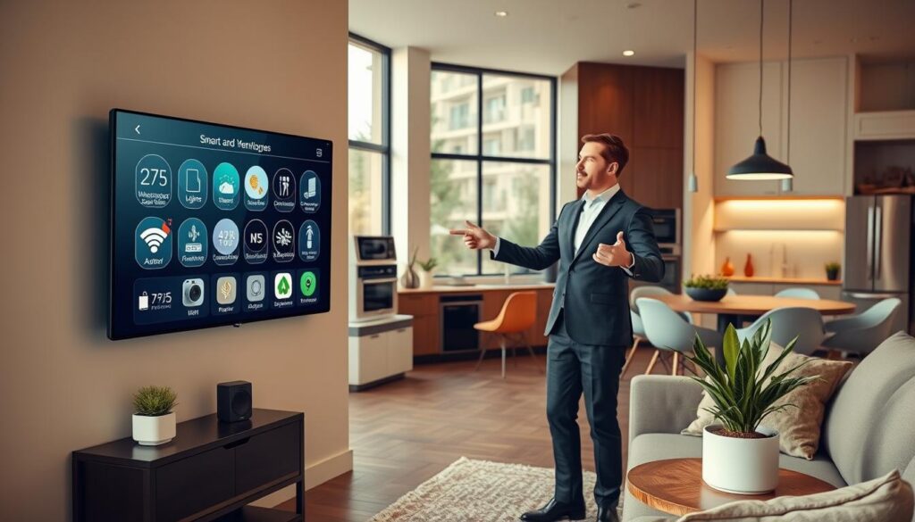 A modern "smart home" interior showcasing a seamless integration of technology and everyday living. In the foreground, a stylish living room with a sleek, interactive touchscreen mounted on the wall, controlling various smart devices like lights, thermostat, and security cameras. A cozy sofa overlooks a window, where a smart plant monitor is placed on a side table. In the middle ground, smart speakers and automated appliances enhance the environment, while a person dressed in professional attire, pointing at the touchscreen, illustrates the use of voice command. The background features large windows that let in natural light, highlighting a blend of modern design and comfort. The atmosphere is warm and inviting, emphasizing the convenience and innovation of a smart home. The lighting is bright and even, lending a fresh, contemporary look. A modern "smart home" interior showcasing a seamless integration of technology and everyday living. In the foreground, a stylish living room with a sleek, interactive touchscreen mounted on the wall, controlling various smart devices like lights, thermostat, and security cameras. A cozy sofa overlooks a window, where a smart plant monitor is placed on a side table. In the middle ground, smart speakers and automated appliances enhance the environment, while a person dressed in professional attire, pointing at the touchscreen, illustrates the use of voice command. The background features large windows that let in natural light, highlighting a blend of modern design and comfort. The atmosphere is warm and inviting, emphasizing the convenience and innovation of a smart home. The lighting is bright and even, lending a fresh, contemporary look.