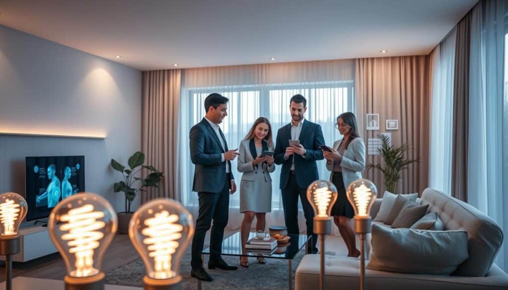 A modern smart home interior showcasing advanced integration and connectivity. In the foreground, a sleek living room with smart light bulbs illuminating the space with soft, warm light, creating a cozy atmosphere. In the middle, a family is interacting with a smart home control panel, dressed in professional business attire, demonstrating connectivity through smart devices like tablets and smartphones. The background features large windows with smart curtains and a digital display showing connected home features. The scene is well-lit, with a balanced composition, using a wide-angle lens to capture the entirety of the living room. The mood is inviting and futuristic, reflecting the technological harmony of a smart home. A modern smart home interior showcasing advanced integration and connectivity. In the foreground, a sleek living room with smart light bulbs illuminating the space with soft, warm light, creating a cozy atmosphere. In the middle, a family is interacting with a smart home control panel, dressed in professional business attire, demonstrating connectivity through smart devices like tablets and smartphones. The background features large windows with smart curtains and a digital display showing connected home features. The scene is well-lit, with a balanced composition, using a wide-angle lens to capture the entirety of the living room. The mood is inviting and futuristic, reflecting the technological harmony of a smart home.