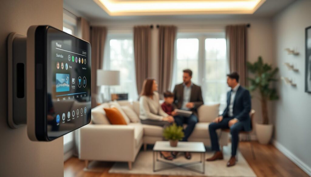 A modern smart home interior showcasing the benefits of security with intelligent sensors. In the foreground, a sleek, high-tech security panel displays real-time data and alerts. The middle layer features a family interacting comfortably in their home, showcasing a sense of safety and ease, with adults dressed in professional business attire engaging in conversation. In the background, windows and entrances fitted with discreet smart sensors blend seamlessly with the decor, highlighting their role in home security. Soft, natural lighting filters through, creating a warm and inviting atmosphere. Use a slightly wide-angle lens to capture the entire room effectively, ensuring a focus on both technology and the family’s comfortable lifestyle, evoking feelings of reassurance and modern convenience.