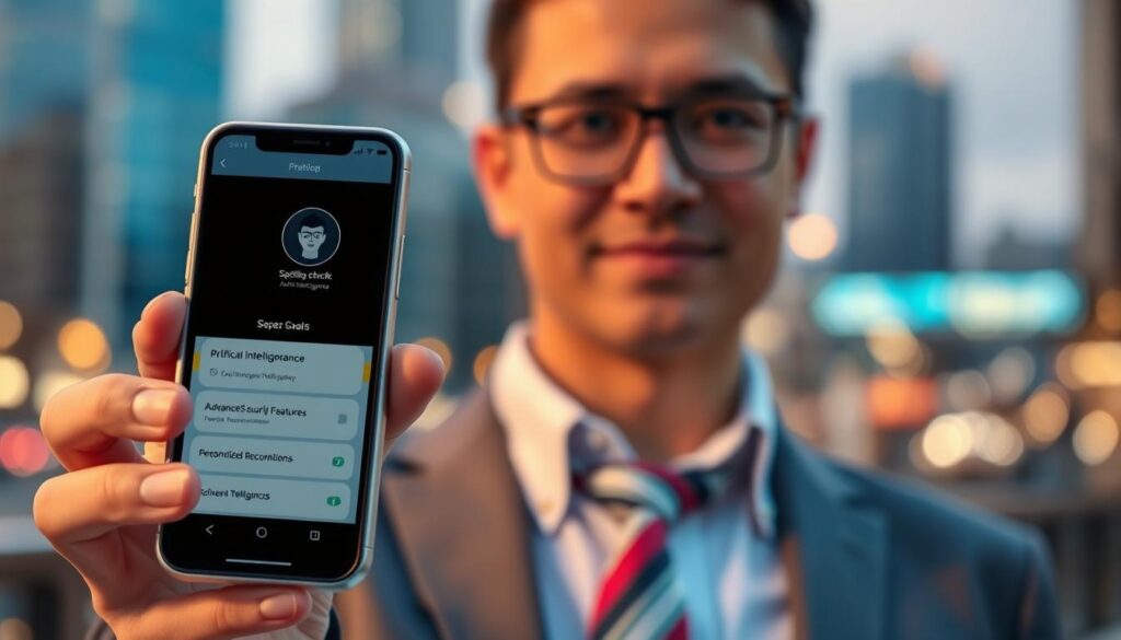 A modern smartphone displaying various practical applications of artificial intelligence, such as a spelling checker, advanced security features like facial recognition, and personalized recommendations. In the foreground, the phone is held by a professional adult in modest business attire, showcasing a user-friendly interface. The background features a blurred cityscape, hinting at a bustling urban environment. Soft, warm lighting creates a welcoming atmosphere, with a focus on the phone's vibrant screen. The scene is shot from a slightly angled perspective to emphasize the phone's features while ensuring the user's face remains visible but not overly prominent. The overall mood is one of innovation and practicality in everyday life, capturing the essence of AI integration in mobile technology. A modern smartphone displaying various practical applications of artificial intelligence, such as a spelling checker, advanced security features like facial recognition, and personalized recommendations. In the foreground, the phone is held by a professional adult in modest business attire, showcasing a user-friendly interface. The background features a blurred cityscape, hinting at a bustling urban environment. Soft, warm lighting creates a welcoming atmosphere, with a focus on the phone's vibrant screen. The scene is shot from a slightly angled perspective to emphasize the phone's features while ensuring the user's face remains visible but not overly prominent. The overall mood is one of innovation and practicality in everyday life, capturing the essence of AI integration in mobile technology.