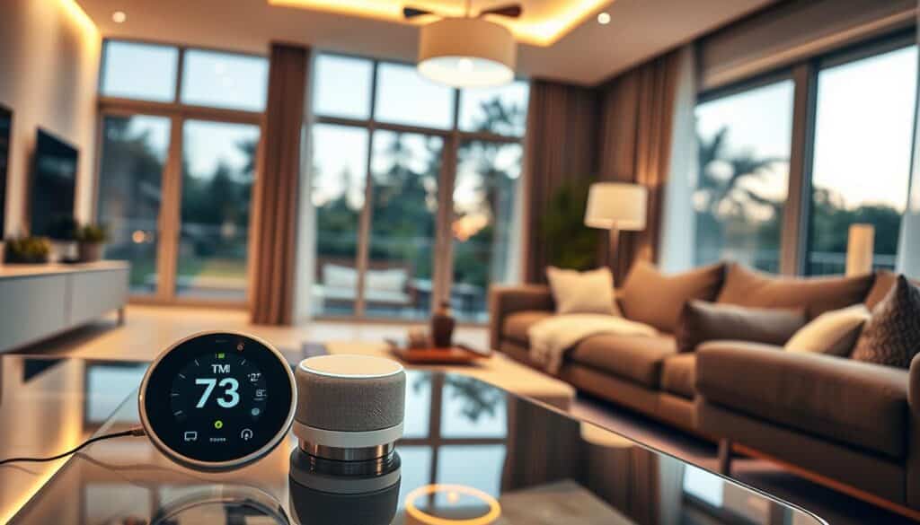 A modern, stylish living room showcasing smart home devices and automation technology. In the foreground, a sleek smart thermostat and a contemporary voice assistant device sit elegantly on a glass coffee table. The middle ground features an advanced smart light system with adjustable mood lighting illuminating various sections of the room. In the background, large windows reveal a vibrant outdoor view, while automated curtains subtly open. The atmosphere is warm and inviting, with soft natural light streaming in. The shot is taken from a slightly elevated angle, highlighting the harmony between high-tech gadgets and a cozy living space, evoking a sense of comfort and innovation. A modern, stylish living room showcasing smart home devices and automation technology. In the foreground, a sleek smart thermostat and a contemporary voice assistant device sit elegantly on a glass coffee table. The middle ground features an advanced smart light system with adjustable mood lighting illuminating various sections of the room. In the background, large windows reveal a vibrant outdoor view, while automated curtains subtly open. The atmosphere is warm and inviting, with soft natural light streaming in. The shot is taken from a slightly elevated angle, highlighting the harmony between high-tech gadgets and a cozy living space, evoking a sense of comfort and innovation.