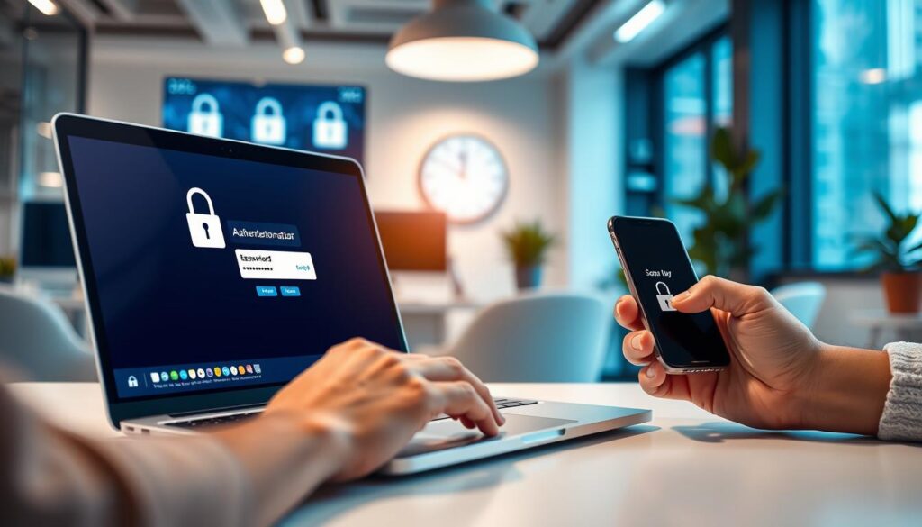 A modern workspace featuring a laptop displaying authentication interfaces and security codes, symbolizing multifactor authentication and access control. In the foreground, a pair of hands, one entering a password and the other using a smartphone for a verification code, conveying active engagement with security measures. The middle layer shows a sleek office environment with security monitors displaying lock icons and access logs. In the background, soft lighting highlights the tech ambiance, with a blurred view of a digital clock and plants, creating a focused yet relaxed atmosphere. The scene conveys a sense of vigilance and productivity, emphasizing the importance of protecting digital assets. A modern workspace featuring a laptop displaying authentication interfaces and security codes, symbolizing multifactor authentication and access control. In the foreground, a pair of hands, one entering a password and the other using a smartphone for a verification code, conveying active engagement with security measures. The middle layer shows a sleek office environment with security monitors displaying lock icons and access logs. In the background, soft lighting highlights the tech ambiance, with a blurred view of a digital clock and plants, creating a focused yet relaxed atmosphere. The scene conveys a sense of vigilance and productivity, emphasizing the importance of protecting digital assets.