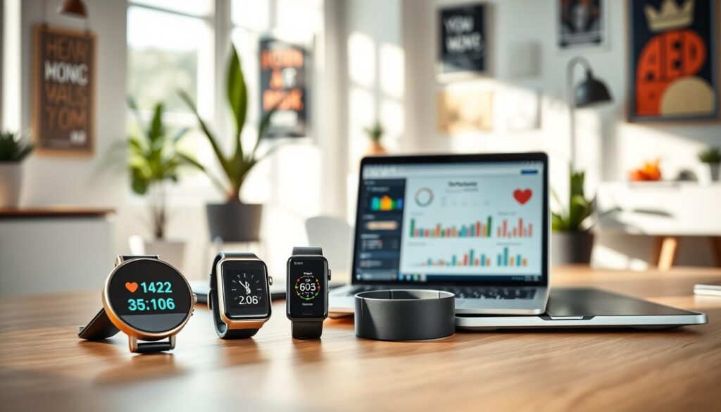 A modern workspace featuring an array of health monitoring gadgets in focus. In the foreground, a sleek smartwatch displays heart rate and step count, next to a stylish fitness tracker and a high-tech smart scale. In the middle ground, a laptop is open, showcasing a health management app with colorful charts and graphs. The background depicts a well-lit, minimalist office setting with plants and motivational posters. Soft, natural light streams through a window, creating a warm and inviting atmosphere. The overall mood is one of health, productivity, and technology integration, highlighting the importance of gadgets in personal well-being.