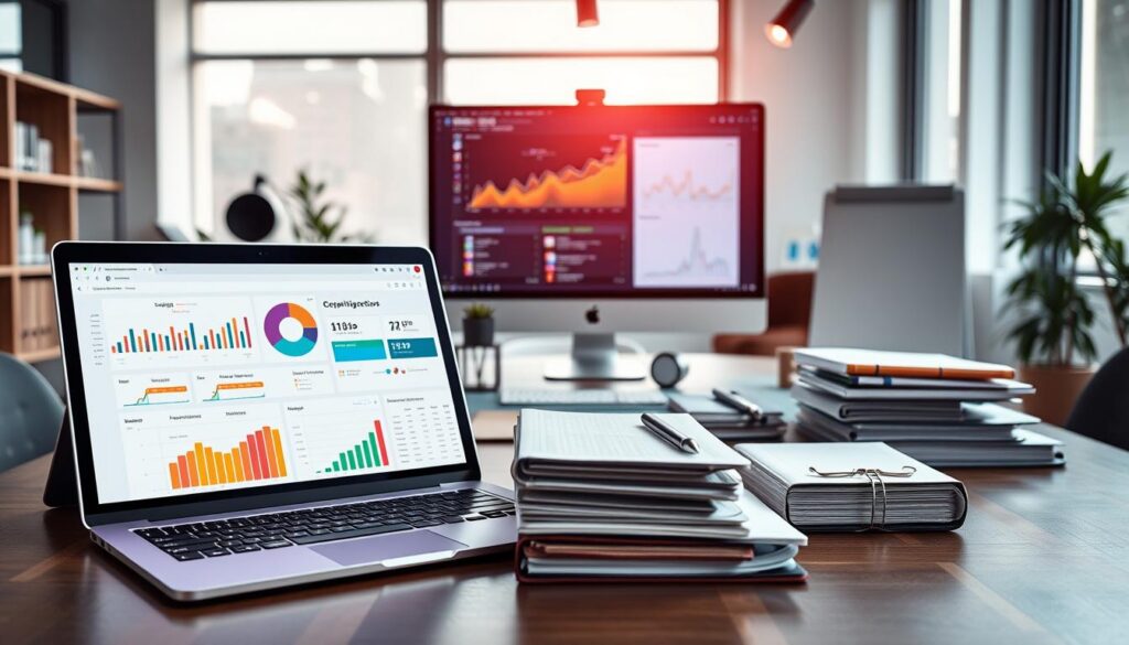 A modern workspace featuring an array of sophisticated data organization and management tools. In the foreground, a sleek laptop displays a vibrant dashboard with colorful graphs and analytics, surrounded by neatly arranged folders and a stylish planner. In the middle, a high-tech monitor shows data visualizations, with smart gadgets like a digital notepad and task manager app icons around. The background reveals a minimalistic office environment with soft natural lighting filtering through large windows, casting a calming glow. The mood is productive and inviting, encouraging focus and efficiency. Use a wide-angle perspective to capture the essence of an organized, tech-savvy workspace, emphasizing innovation and professionalism.