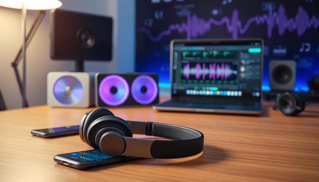 A modern workspace showcasing advanced audio devices, including sleek, wireless headphones, portable speakers, and a high-tech soundbar. In the foreground, a pair of stylish, over-ear headphones rests on a polished wooden desk, next to a smartphone displaying an audio app. In the middle ground, a vibrant set of speakers with LED lights pulsate with sound waves, while a laptop with audio editing software runs in the background. Soft, ambient lighting creates a tech-savvy atmosphere, with a hint of blue and purple glow emphasizing innovation. The background features abstract sound waves and digital interfaces to illustrate technology and connection. Capture this scene from a slightly elevated angle to highlight depth and detail. A modern workspace showcasing advanced audio devices, including sleek, wireless headphones, portable speakers, and a high-tech soundbar. In the foreground, a pair of stylish, over-ear headphones rests on a polished wooden desk, next to a smartphone displaying an audio app. In the middle ground, a vibrant set of speakers with LED lights pulsate with sound waves, while a laptop with audio editing software runs in the background. Soft, ambient lighting creates a tech-savvy atmosphere, with a hint of blue and purple glow emphasizing innovation. The background features abstract sound waves and digital interfaces to illustrate technology and connection. Capture this scene from a slightly elevated angle to highlight depth and detail.