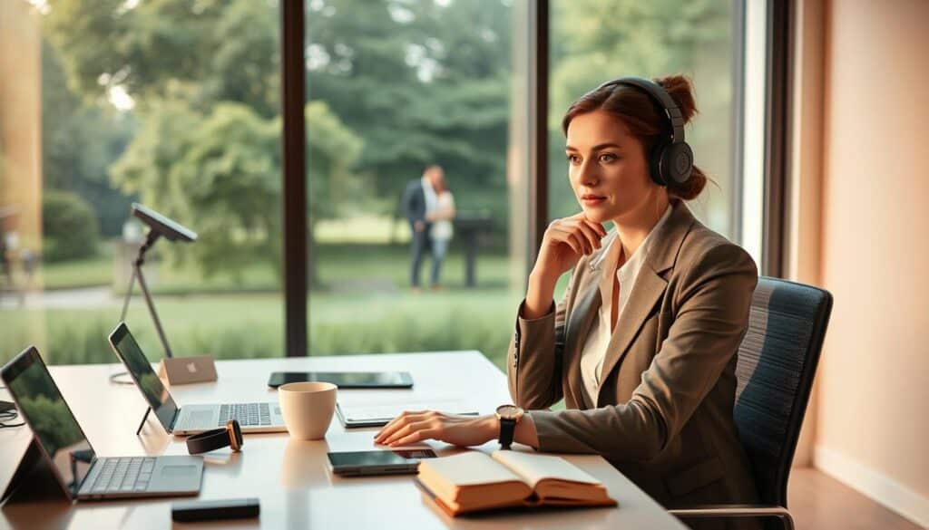 A modern workspace showcasing the balance between technology and health, featuring a well-dressed professional woman sitting at a sleek desk, surrounded by various gadgets such as a smartwatch, tablets, and ergonomic headphones. The scene has warm, soft lighting that creates a calm atmosphere, emphasizing the need for mindful gadget use. In the background, a large window offers a view of a green park, symbolizing the importance of nature and balance. Incorporate subtle visual elements like a coffee cup and an open book to suggest breaks from screen time. The angle should be slightly elevated, focusing on the woman’s thoughtful expression as she contemplates her gadgets, reflecting the theme of care and limitations in technology use. A modern workspace showcasing the balance between technology and health, featuring a well-dressed professional woman sitting at a sleek desk, surrounded by various gadgets such as a smartwatch, tablets, and ergonomic headphones. The scene has warm, soft lighting that creates a calm atmosphere, emphasizing the need for mindful gadget use. In the background, a large window offers a view of a green park, symbolizing the importance of nature and balance. Incorporate subtle visual elements like a coffee cup and an open book to suggest breaks from screen time. The angle should be slightly elevated, focusing on the woman’s thoughtful expression as she contemplates her gadgets, reflecting the theme of care and limitations in technology use.