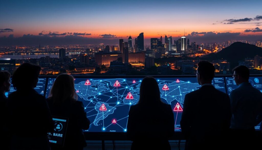 A panoramic view illustrating the landscape of cyber risks and attacks in Brazil. The foreground features silhouettes of diverse professionals in business attire, focused on screens with cybersecurity graphics, representing various sectors like finance, healthcare, and technology. In the middle ground, a digital network map glows with interconnected nodes and warning signals symbolizing cyber threats like phishing, malware, and data breaches. The background shows a city skyline of Brazilian architecture, with a blend of modern and traditional styles illuminated under a twilight sky. Soft, dramatic lighting emphasizes the seriousness of cyber threats, creating a tense yet professional atmosphere. Overall, the image conveys urgency and awareness about the cyber landscape in Brazil.