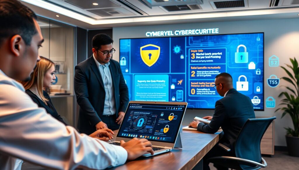 A professional workspace illustrating the theme of digital security and cybersecurity awareness. In the foreground, a diverse group of three individuals, dressed in professional business attire, actively participating in a cybersecurity training session, focused on a laptop showing data protection visuals. In the middle, a large digital screen displays cybersecurity statistics and awareness tips, surrounded by various security tools like firewalls and locks. The background featuring a modern office with sleek decor, soft lighting creating a warm, inviting atmosphere, suggesting a collaborative environment. The scene captures a sense of urgency and importance, emphasizing teamwork and education in improving personal cybersecurity measures. A professional workspace illustrating the theme of digital security and cybersecurity awareness. In the foreground, a diverse group of three individuals, dressed in professional business attire, actively participating in a cybersecurity training session, focused on a laptop showing data protection visuals. In the middle, a large digital screen displays cybersecurity statistics and awareness tips, surrounded by various security tools like firewalls and locks. The background featuring a modern office with sleek decor, soft lighting creating a warm, inviting atmosphere, suggesting a collaborative environment. The scene captures a sense of urgency and importance, emphasizing teamwork and education in improving personal cybersecurity measures.