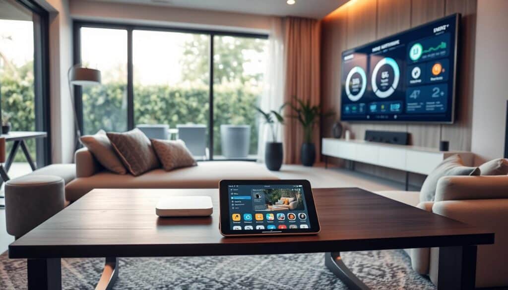 A sleek, modern smart home interior featuring a cozy living room filled with connected smart devices. In the foreground, a stylish coffee table showcases a tablet displaying a home automation app. The middle layer includes a comfortable sofa adorned with smart cushions, a smart speaker, and a large, interactive touchscreen on the wall, depicting energy usage and device status. Soft, warm lighting enhances the inviting atmosphere, with large windows in the background allowing natural light to stream in, showcasing a green outdoor space. The scene is captured from a slightly elevated angle, giving a panoramic view of the intelligently designed space, emphasizing connectivity and modern technology integration in everyday life.