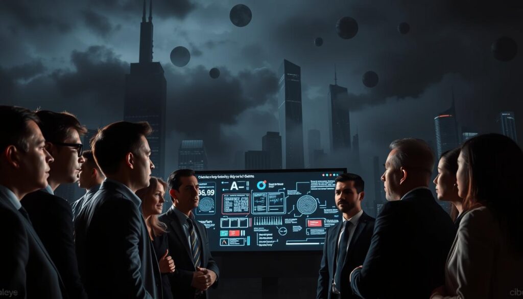 A somber and thought-provoking scene depicting the challenges and risks of AI adoption. In the foreground, a diverse group of professionals in business attire are engaged in a heated discussion, their expressions reflecting concern and contemplation. In the middle ground, a large screen displays complex algorithms and data visualizations, hinting at the technological intricacies of AI. The background shows a futuristic urban landscape, with towering skyscrapers partially obscured by mist, symbolizing both promise and uncertainty. The lighting is dramatic, with stark contrasts illuminating the professionals while shadows loom over the city, conveying an atmosphere of tension and urgency. The angle is slightly elevated, providing a comprehensive view of the interaction and the environment.