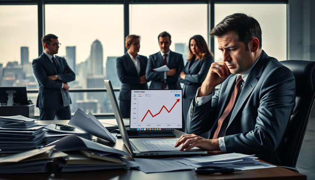 A split composition illustrating the impacts of phishing scams on individuals and businesses. In the foreground, depict a worried business professional in business attire, sitting at a desk cluttered with paperwork, a laptop showing a phishing email, and a declining financial graph. In the middle ground, show a group of diverse professionals discussing strategies, with expressions of concern and determination, indicating teamwork to tackle phishing threats. The background features a city skyline through a window, implying the broader implications for companies. The lighting is soft and dramatic, emphasizing tension, with shadows cast dramatically to enhance the mood of urgency and vigilance in a corporate environment.