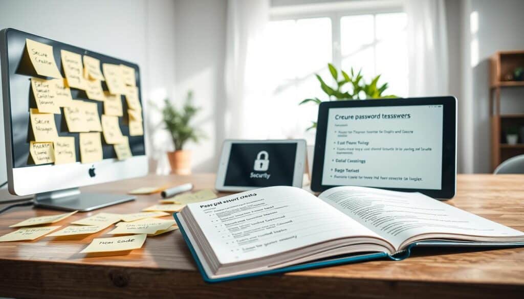 A visually appealing and informative scene depicting practical strategies for creating secure and easy-to-manage passwords. In the foreground, a wide, modern workspace with a sleek computer, sticky notes filled with tips on password creation, and an open notebook showcasing an organized list of secure password techniques. The middle layer features a tablet displaying a digital security app, strategically placed alongside a potted plant for a touch of nature. In the background, a well-lit room with soft natural light streaming through a window, casting gentle shadows. The mood is focused and productive, conveying a sense of organization and professionalism. The overall color palette should be calm and inviting, primarily using blues and greens to enhance concentration. No people or text should be present, ensuring a clean and undistracted visual. A visually appealing and informative scene depicting practical strategies for creating secure and easy-to-manage passwords. In the foreground, a wide, modern workspace with a sleek computer, sticky notes filled with tips on password creation, and an open notebook showcasing an organized list of secure password techniques. The middle layer features a tablet displaying a digital security app, strategically placed alongside a potted plant for a touch of nature. In the background, a well-lit room with soft natural light streaming through a window, casting gentle shadows. The mood is focused and productive, conveying a sense of organization and professionalism. The overall color palette should be calm and inviting, primarily using blues and greens to enhance concentration. No people or text should be present, ensuring a clean and undistracted visual.