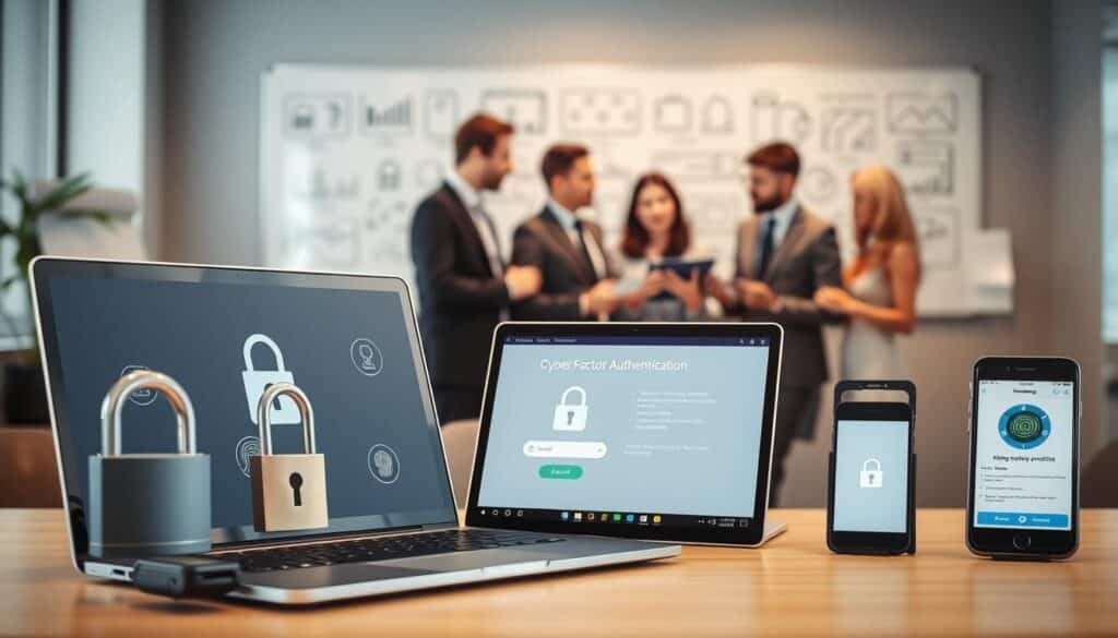 A visually striking representation of complementary security tools alongside two-factor authentication, set in a modern office environment. In the foreground, a sleek laptop displays a user-friendly authentication interface, surrounded by symbols of security like a padlock, a fingerprint scanner, and a mobile device with a verification app. The middle ground features diverse professionals in business attire discussing security strategies, emphasizing collaboration and expertise. In the background, a whiteboard is filled with diagrams and notes on cybersecurity practices, aiming to create an engaging and educational atmosphere. The lighting is bright and focused, highlighting the significance of the tools, while a shallow depth of field draws attention to the foreground elements, evoking a sense of urgency and importance surrounding online safety.